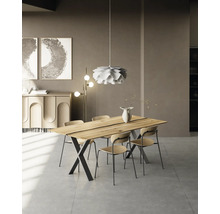 Esszimmer mit Esstisch aus Holz und Metall, Stühlen und Hängelampe