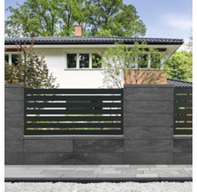 Moderne Grundstücksbegrenzung mit Zaunelementen und Mauersteinen vor einem Wohnhaus