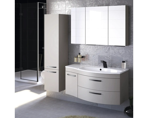 Modernes Badezimmerensemble mit Waschtisch, Spiegelschrank und Hochschrank für ein stilvolles Ambiente