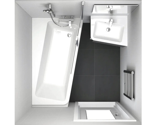 Draufsicht eines Badezimmers mit Badewanne, Waschbecken und Dusche