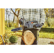 Gardena Akku-Kettensäge mit Holzstamm