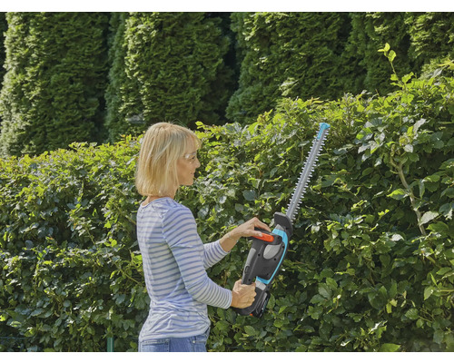 Frau schneidet Hecke mit Akku-Heckenschere