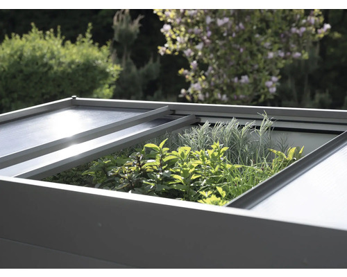 Hochbeet mit Kräutern und geöffnetem Deckel