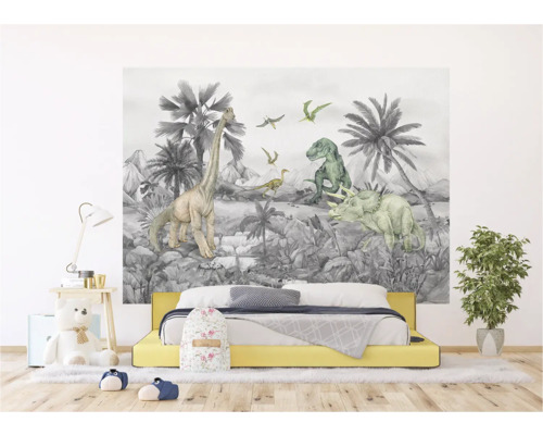 Kinderzimmer mit Dinosaurier-Fototapete, gelbem Bett und Dekorationen