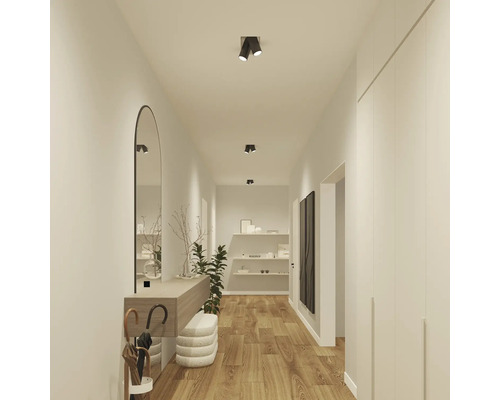 Flur mit Spiegel, Konsole, Beleuchtung und Holzboden