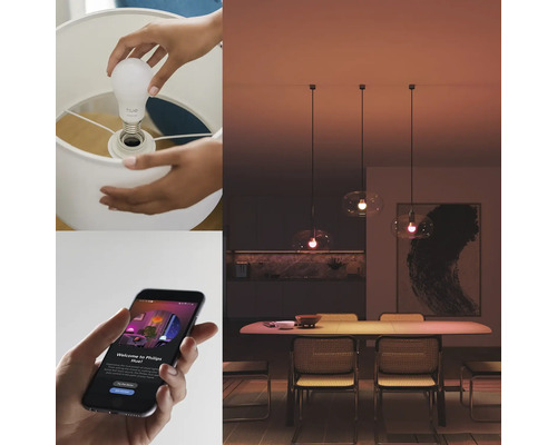 Person schraubt eine smarte Glühbirne in eine Lampe und bedient sie mit einer App.