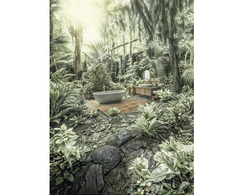 Badezimmer mit freistehender Badewanne und Waschtisch in einem üppigen Garten.