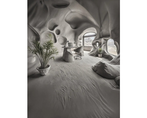 Innenansicht eines Arbeitszimmers mit Schreibtisch, Stuhl und Zimmerpflanzen