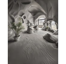 Helles Büro mit Schreibtisch, Bürostuhl und Zimmerpflanzen in einem Raum mit ungewöhnlicher Architektur