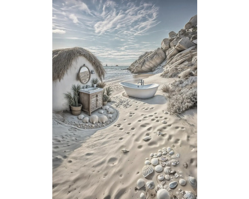 Strandszene mit Badewanne und Waschtisch unter freiem Himmel