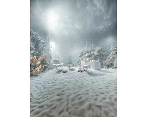 Unterwasser-Szene mit Sessel, Hocker und Kommode zwischen Korallen