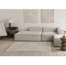 Heller Wohnraum mit modularem Sofa, Beistelltisch und gemustertem Teppich.