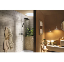 Helles Badezimmer mit Dusche, Handtüchern und Pflanzen für eine freundliche Atmosphäre.