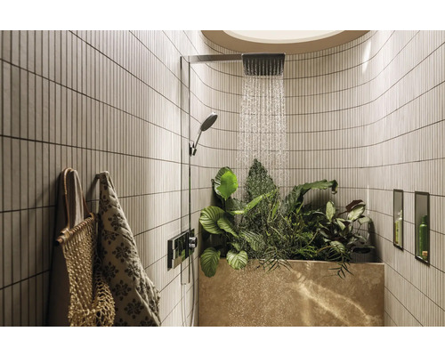 Badezimmer mit Dusche, Pflanzen und Handtüchern.