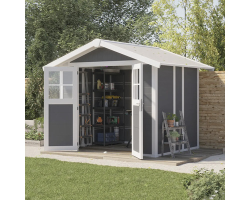 Gartenhaus Grosfillex Lodge Deco M 295 x 261 cm anthrazit Gartenhaus mit Doppeltür, Regalen und Leiter