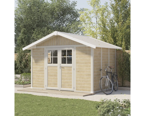 Gartenschuppen aus Holz mit Doppeltür und Fahrrad