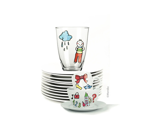 Stapel Teller mit Tasse, Untertasse und Glas mit Kindermotiven
