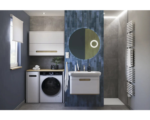 Modernes Badezimmer mit Waschmaschine, Waschtisch und Spiegelschrank