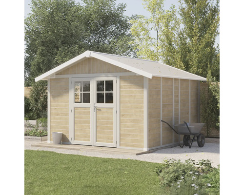 Holzgartenhaus mit Doppeltür und Satteldach im Garten