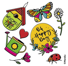 Illustration mit Vogelhaus, Schmetterling, Blume, Marienkäfer, Herz und Gießkanne