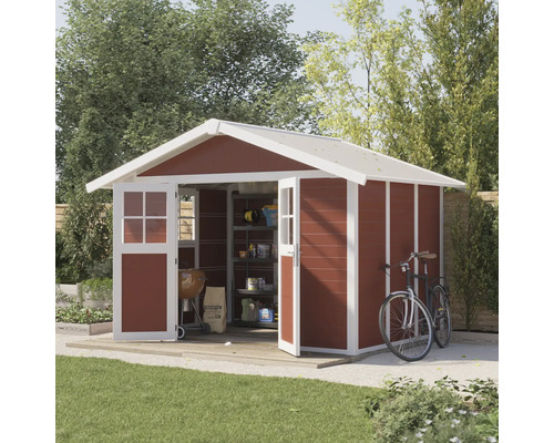 Gartenhaus Grosfillex Lodge Deco L 370 x 298 cm rot-weiß Gartenschuppen mit geöffneten Türen, Grill, Holzkohlesack und Fahrrädern