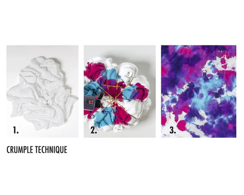 Anleitung zum Batiken mit der Knittertechnik: ein weißes Tuch, Gummibänder und Textilfarbe sowie das fertige Ergebnis