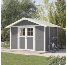 Gartenhaus mit Doppeltür und Fahrrad im Garten
