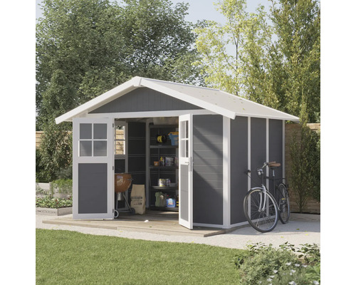 Gartenhaus Grosfillex Lodge Deco L 369 x 295 cm anthrazit Gartenhaus mit geöffneten Türen, Grill, Fahrrad und Gartenzubehör