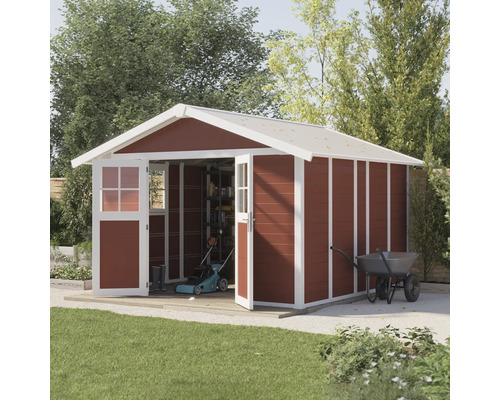 Gartenhaus Grosfillex Deco H 11 x L 370 x 407 cm rot-weiß Gartenschuppen mit geöffneten Doppeltüren im Garten