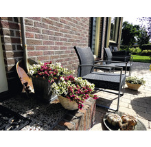 Terrasse mit Gartenmöbeln, Pflanzgefäßen und Dekorationen vor einer Backsteinmauer.