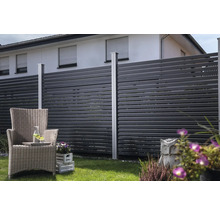 Garten mit Sichtschutzzaun, Korbstuhl und Bepflanzung