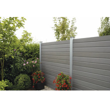 Gartenszene mit Zaun aus Kunststoffelementen und Metallpfosten, umgeben von Pflanzen