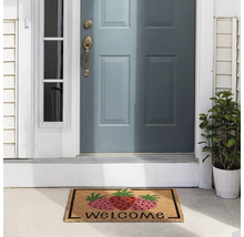 Fußmatte mit Erdbeermotiv und Willkommensaufschrift vor einer Haustür
