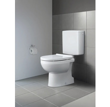 Weisse Toilette mit Aufputzspülkasten vor grauer Wandfliese und Toilettenpapierhalter