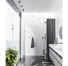 Modernes Badezimmer mit Marmorwänden, Dusche, Waschbecken und Blick auf den Berliner Fernsehturm