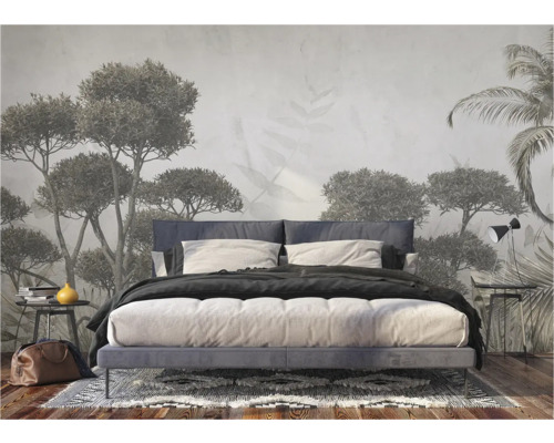 Schlafzimmer mit Fototapete mit Baum Motiven und Doppelbett