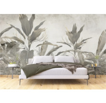 Schlafzimmer mit botanischer Fototapete im Dschungelstil