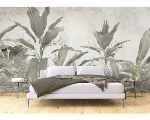Schlafzimmer mit botanischer Fototapete im Dschungelstil