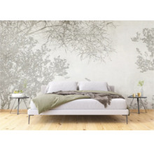 Schlafzimmer mit Fototapete mit floralem Muster und Doppelbett