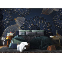 Schlafzimmer mit floraler Fototapete, Bett und Nachttischen