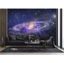 Wohnzimmer mit Galaxie Fototapete, Sofa und Couchtischen.