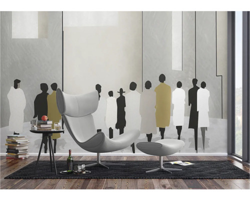 Wohnzimmer mit modernem Sessel und Wandbild von Personen