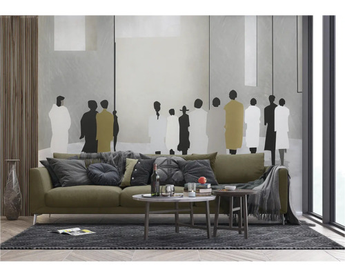 Modernes Wohnzimmer mit Sofa, Couchtischen und dekorativer Wandgestaltung