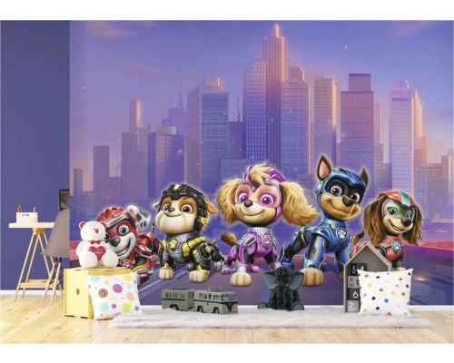Fototapete mit Paw Patrol Motiv und Stadtlandschaft im Hintergrund