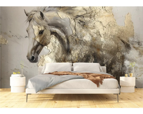 Wandbild mit Pferde-Motiv über einem Bett in einem hellen Schlafzimmer.