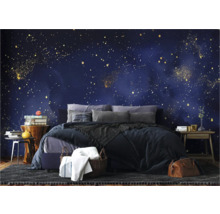 Schlafzimmer mit Bett vor einer Wand mit Sternenmuster
