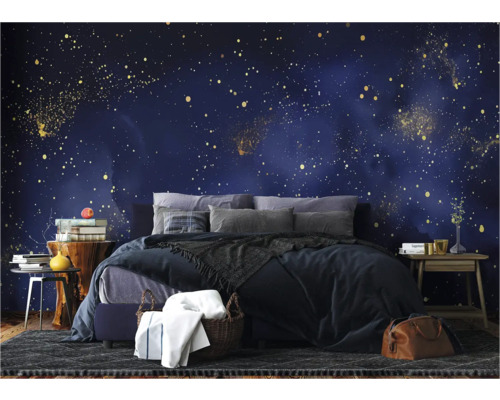 Schlafzimmer mit Bett vor einer Wand mit Sternenmuster