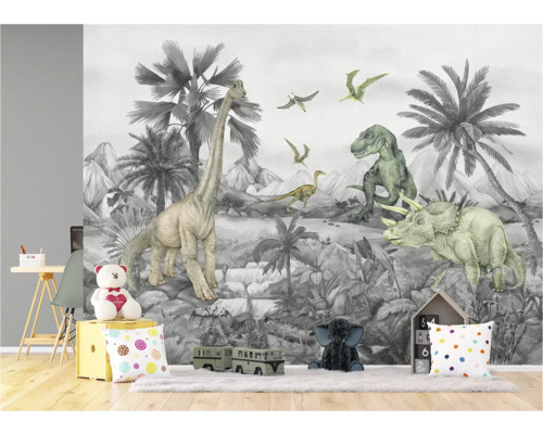 Dekoratives Kinderzimmer mit Dinosaurier-Tapete, die eine prähistorische Szene darstellt