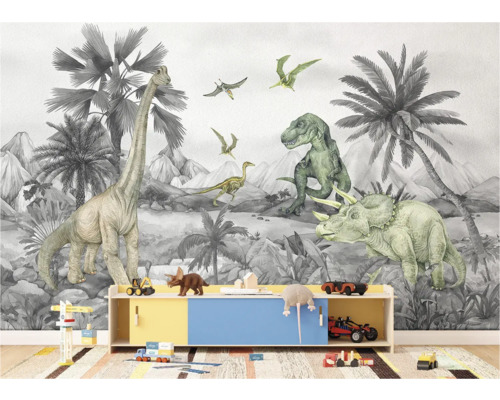Szene mit einer Kinderzimmer Tapete mit Dinosaurier Motiven und Spielzeugen auf einem Regal.