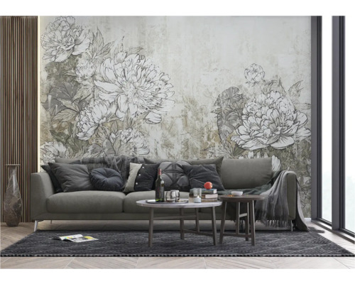 Wohnzimmer mit Sofa, Couchtisch und floraler Wandtapete für eine stilvolle Einrichtung.